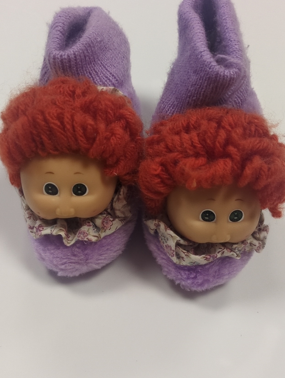Purple Plush Kids Slippers with Doll Face and Red Yarn Hair